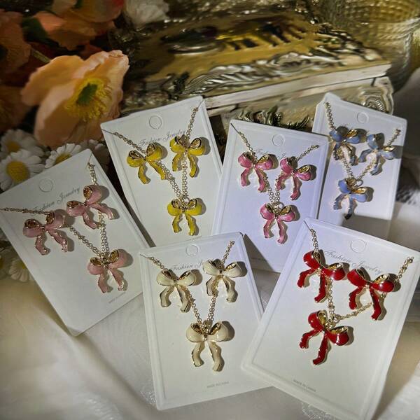 2pcs/Set Fashion Elegant Sweet Enamel Colorful Bowknot Necklace And Earrings Jewelry Set, Suitable For Ladies Casual Wear, Christmas And Valentine's Day Gift,Mom,Mother,Mother's Day,Gift