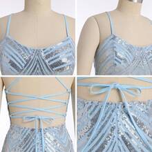 Teen Homecoming Dress Sequins Bodycon Mini Spaghetti Strap Floral Glitter - Biru Perak - View 6
