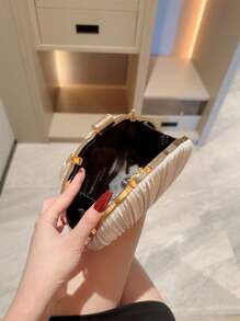 1pc Elegant Pleated Box Design Clutch Bag, Faux Pearl Decor, Formal Handbag For Wedding, Party, Prom, Evening Dress, Chain Strap Square Bag - White - View 7