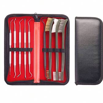 9PCS Gun Cleaning Brush & Hook Kit In Zippered Organizer Carry Case Double End Brass Steel Nylon Bristle Brushes