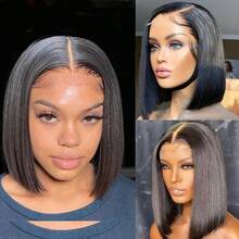 Easy-To-Wear Glueless Bob Wig - 200% Density Human Hair With Pre-Plucked 4x4 HD Lace Closure Front Wigs, Straight Cut For Beginners, Women's Sleek Black Bob Style, Short Hair Wig - Natural Black - 查看 4