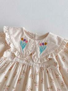 1pc Young Girl' Casual Floral Embroidered Long Sleeve Dress, Comfortable & Fashionable For Autumn - Apricot - View 4