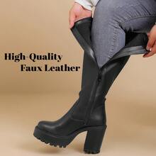 Women's Extra Wide Calf Knee High Boots True Wide Width Platform Chunky Heeled Gogo Boots Rounded Toe Block Heel Tall Boot For Women. - Đen Pu - Xem 2