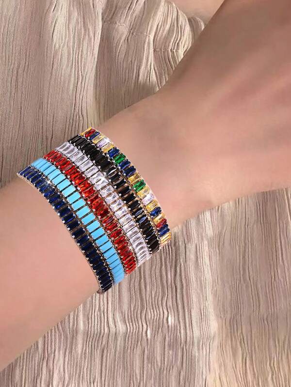 1pc Copper Inlaid Cubic Zirconia Rectangular Single Row Minimalist Elegant Women Fashion Bracelet, Suitable For Party And Date