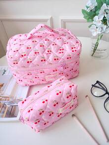 1 件/套 红色樱桃印花绗缝化妆包，时尚可爱多功能便携大容量拉链化妆包，化妆包，小型化妆包，化妆盒，可爱化妆包，化妆包，卫生巾包，情人节礼物，有线耳机，旅行化妆包，护肤化妆品和美容包，护士化妆包，节日礼物，返校礼物 - 粉色 - 查看 3