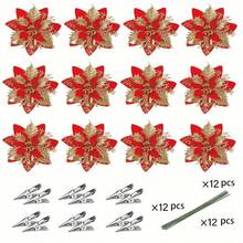 36pcs Christmas Poinsettia Artificial Flowers Decor, Christmas Tree Wreaths Garland Decor, Glitter Flowers Picks Decor For Xmas New Year Wedding Party Ornaments,Christmas