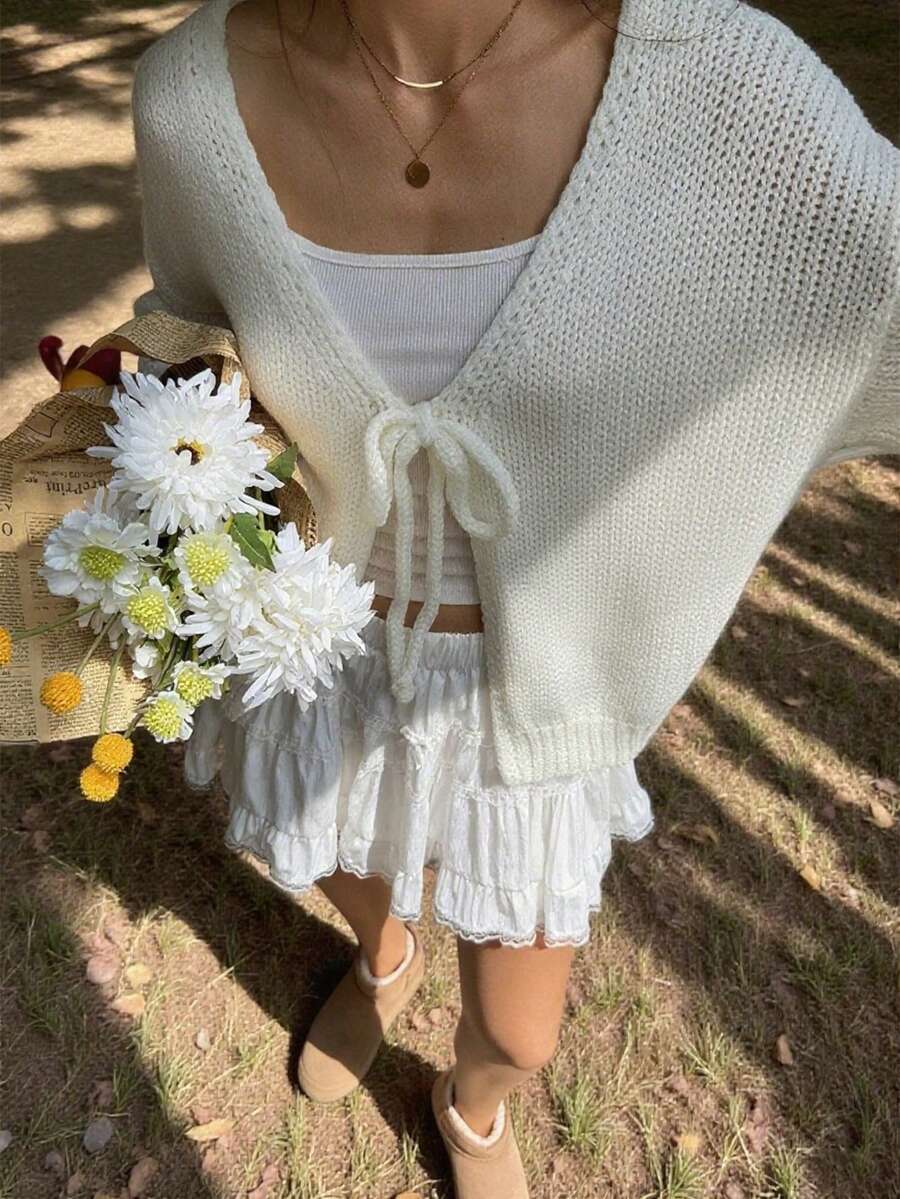 FOR BEAUTY 女士春夏新款针织开衫，休闲简约优雅风格，白色纯色简约系带开衫 - 白色 - 查看 1