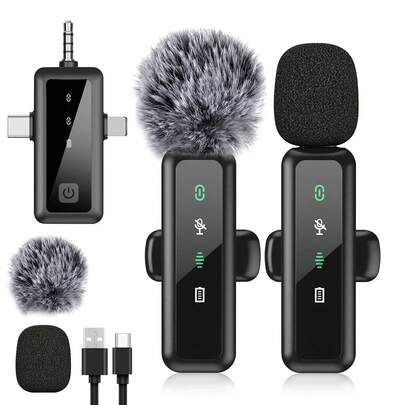 三合一无线领夹式麦克风适用于手机 iPad TypeC 领夹式麦克风即插即用 2.4G 超低延迟内置降噪芯片工作时间用于视频录制采访播客 Vlog