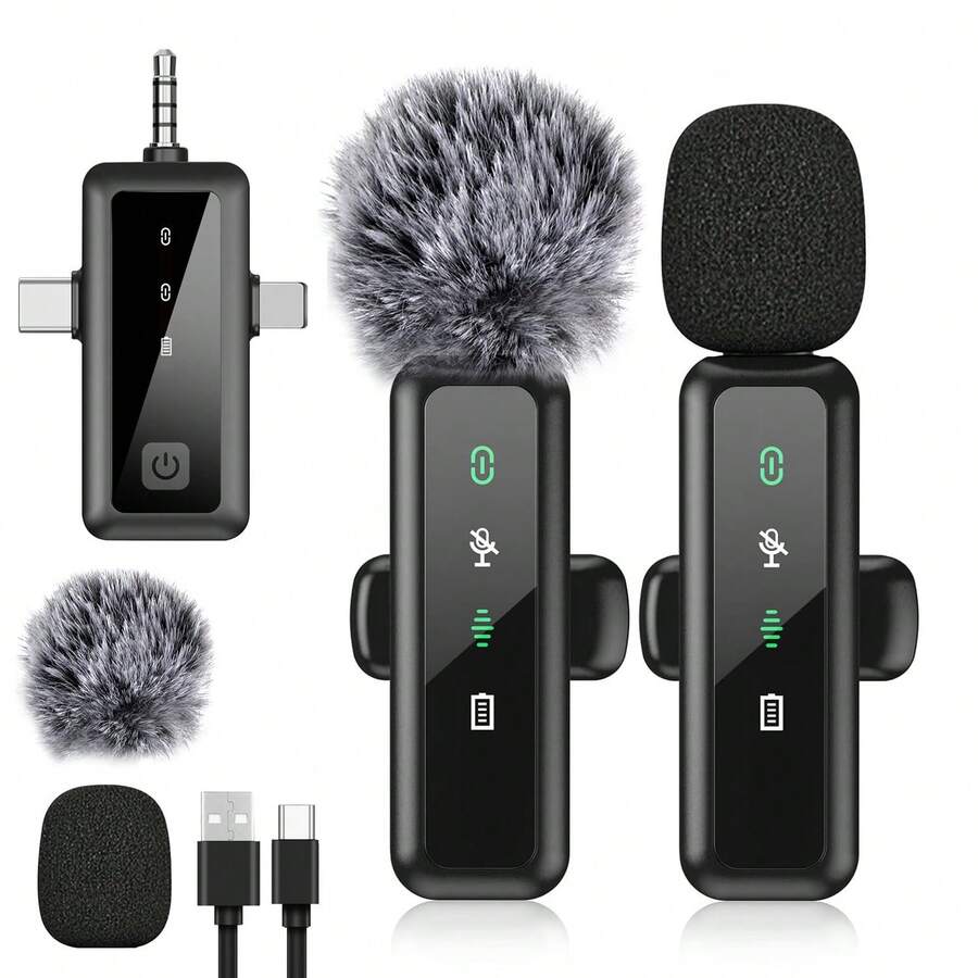 三合一无线领夹式麦克风适用于手机 iPad TypeC 领夹式麦克风即插即用 2.4G 超低延迟内置降噪芯片工作时间用于视频录制采访播客 Vlog