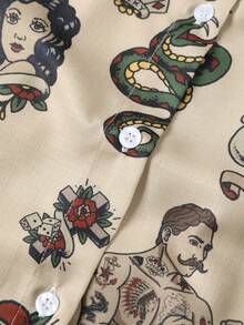 قميص نسائي بتصميم فضفاض مطبوع بطبعة داكنة على كامل السطح، ذو أكمام طويلة وياقة منسدلة، مناسب للربيع والخريف