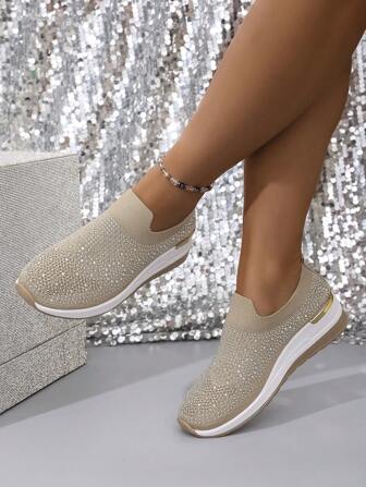 Women Thick Sole Knitted Shoes, Solid Color, Lightweight, Durable, Breathable Casual Sneakers, European And American Style, Simple Round Toe, Slip-On, Anti-Slip, Platform, Suitable For All Seasons, Wedge, Thick Bottom Increase Height, Lace-Up Metal Buckle, Running, Travel, Vacation, Matching Dresses, Sportswear, Casual Outfits, Skirts, Versatile Flat Sports Shoes