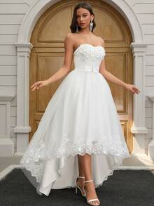 YUMIBRAVO Romantic Appliques High Low Hem Flattering Elegant Wedding Dress White Elegant Bridal Dresses For Summer Wedding Party, White Dress Women Ball Gown