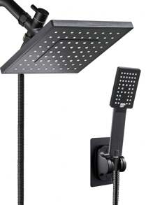 YAOPENG 一套淋浴组合，包含一个8英寸高压方形雨淋式花洒（3种喷淋模式）、一个手持花洒、一根59英寸超长软管、一个三通分水器、一个花洒支架和一个G1/2通用顶部花洒头，安装简便。浴室配件，浴室工具