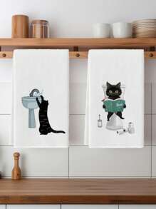 2 件套超细纤维手巾套装，现代针织涤纶猫主题毛巾，柔软可机洗，超强吸水，黑猫装饰，猫爱好者的理想之选