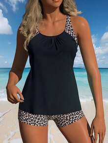 Bathing Suits For Women Two Piece Swimsuit Modest Swimwear With Shorts High Waisted Drawstring Swimming Suit - Navy Blue - View 2