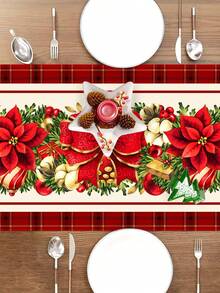 1pc 35*180cm/13.78*70.87inch Christmas Table Runner, Holiday Fabric Decor Tablecloth, Red Bow & Christmas Flower Pattern Long Table Topper, Suitable For Christmas Home Decoration