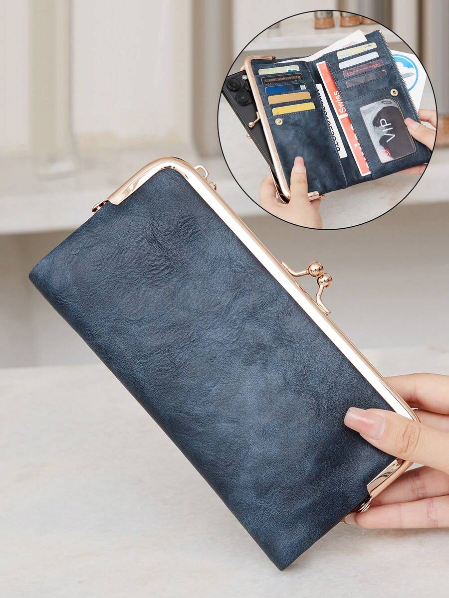 MIYIN Fashion Vintage Bifold Zipper Kiss Lock Wallet Women Wallet With Card Slot ID Window Minimalist PU Leather Long Wallet,For Women, For Daily,For Girls,For Lady,For College Dorm,For School,For College,For Back To School