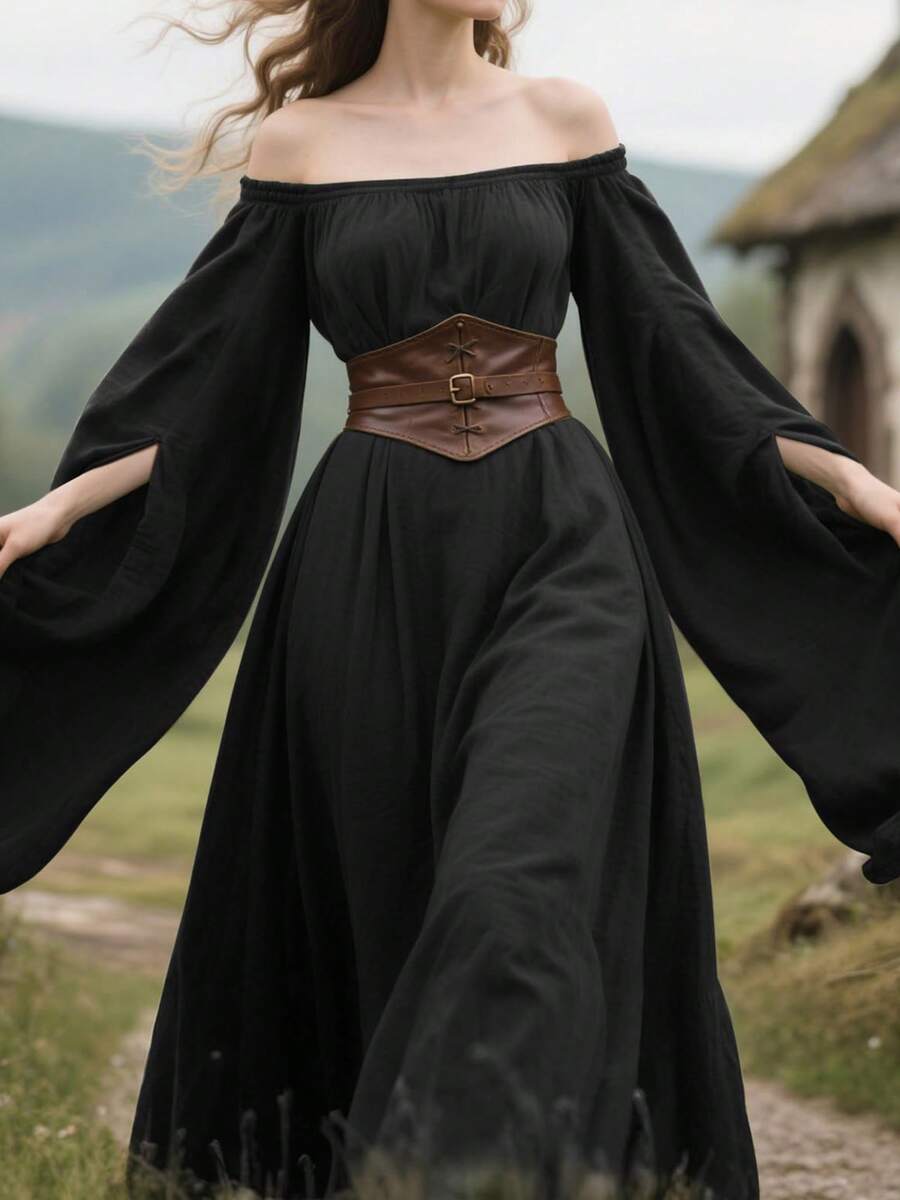 Women Halloween Renaissance Costumes Split Bell Sleeves Off-Shoulder Victorian Dress For Fairy Witch Wedding - Black - View 1