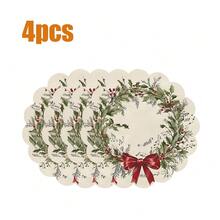 8pcs/6pcs/4pcs/1pc Holiday Christmas Placemat Set - Polyester Linen Round Placemats With Santa Claus & Reindeer Design, Christmas Floral Print, Non-Slip, Hand Washable, Suitable For Holiday Dining And Home Decor, Durable.