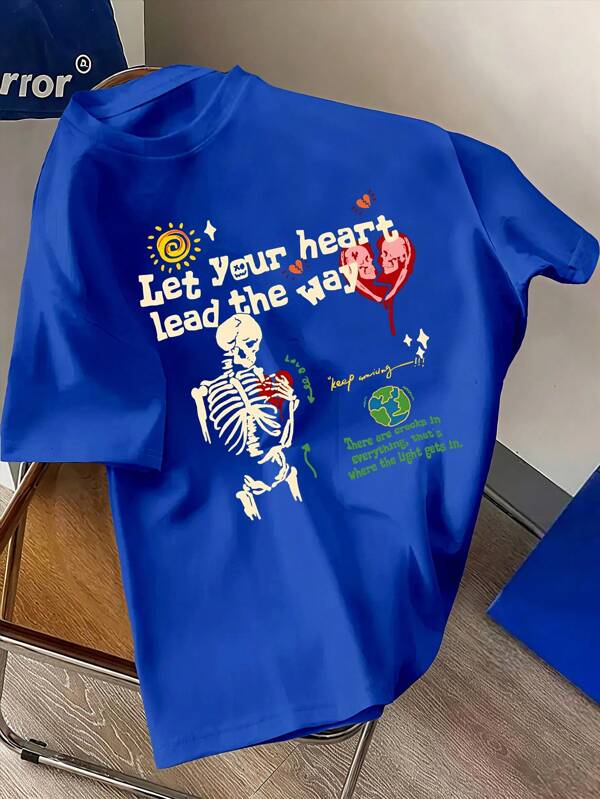 Youth Black Round Neck Handsome Skull And Slogan Printed T-Shirt Short Sleeve Street School Style