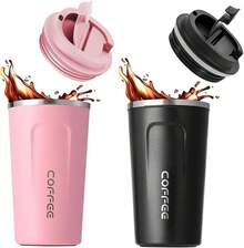 2 Unidades de Taza Termo para Café de Acero Inoxidable 304 (18 oz/510ml): Vaso al Vacío con Tapa para Bebidas Frías y Calientes - Ideal para Oficina - Negro+Rosa - Ver 1