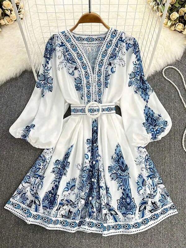 Ropa de mujer para otoño, vestido con botones, manga farol y estampado floral, adecuado para ir al trabajo, uso diario, Día de San Valentín, actividades al aire libre, ropa para maestras