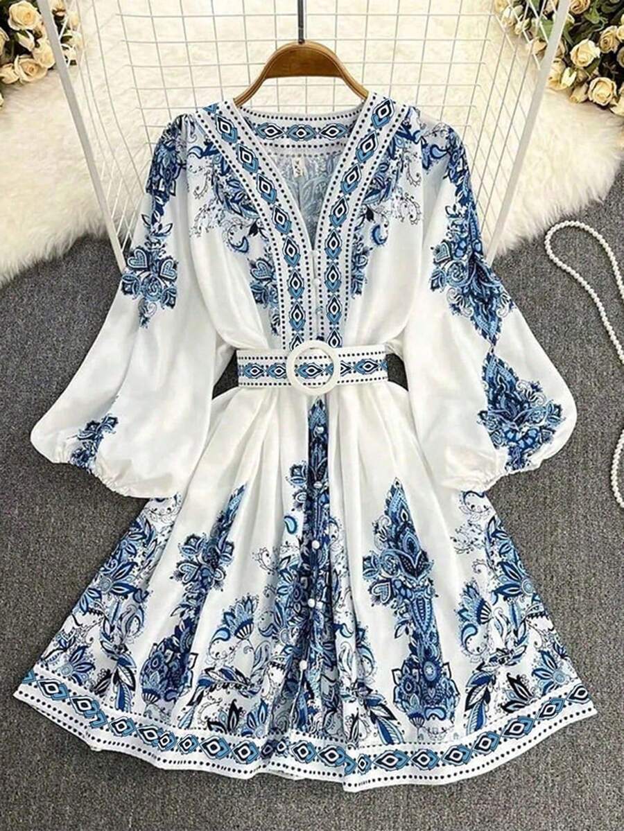 女士秋季服装，印花灯笼袖纽扣半开襟连衣裙，适合通勤、日常穿着、情人节、户外活动、女教师服装