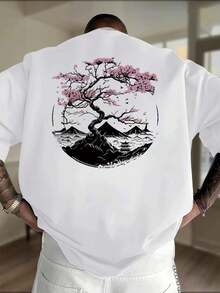 Camiseta de hombre con estampado de flores de cerezo japonés, cuello redondo, 220 g/m², 100% algodón (1 pieza) y estilo casual. - Blanco - Ver 1