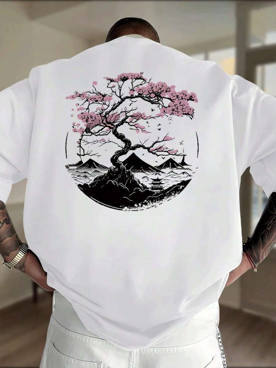 Camiseta de hombre con estampado de flores de cerezo japonés, cuello redondo, 220 g/m², 100% algodón (1 pieza) y estilo casual. - Blanco - Ver 1