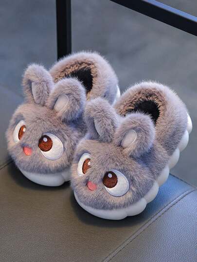 1 双毛绒兔耳设计拖鞋，配有柔软人造毛皮衬里和防滑橡胶鞋底，适合幼儿和儿童室内保暖拖鞋