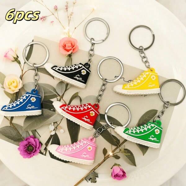 6pcs Fashionable PVC Keychains Simulation Small Chrysanthemum Canvas Shoe Keyrings, Creative Bag Pendants, Car Key Accessories, Suitable For Sports Enthusiasts, Daily Surprise Boy Gifts