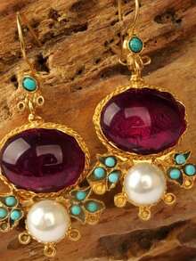 2 Pcs Elegant Light Luxury Oval Imitation Ruby Imitation Flower Turquoise Pearl Pendant Earrings For Women Are Suitable For Daily Gift-Giving Gatherings - Multicolor - View 3