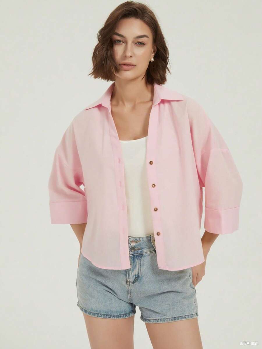 Pink Loose Casual Shirt, Elegant Office/Vacation Wear, Street Fashion & Beach Resort - Pink - View 1