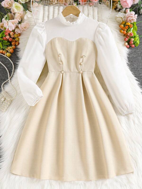 1 pièce Robe à manches longues pour préadolescentes, col à volants bicolore, décoration à double boutonnage kaki, style élégant et doux, convient pour le début de l'automne