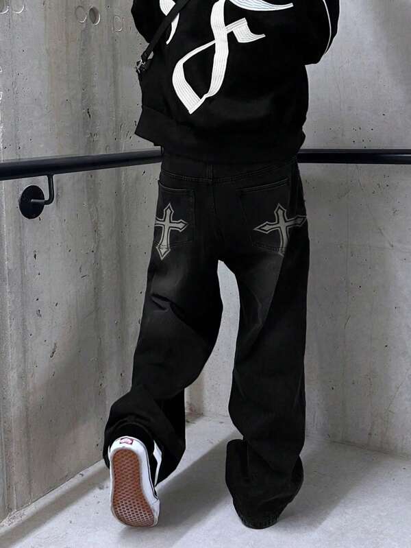 Jeans droits à jambe large et coupe ample avec imprimé croisé pour hommes GlobeSwift