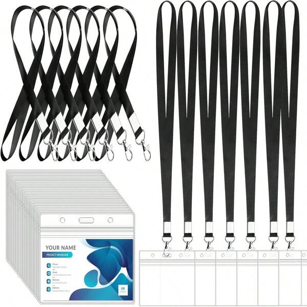1/5/10PCS Name Tag Sling Set With Card, Transparent Plastic Name Tag Clip And Black Badge Sling, Suitable For School Student ID, Bank Card, Office, Team Staff And Volunteers.,For School Supplies,Back To School