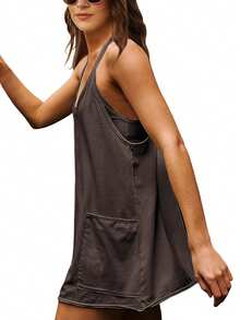 Women's Casual Sleeveless Backless Cami Short Dress With Pockets, Spaghetti Strap Tank Dress For Summer - Coffee - View 4