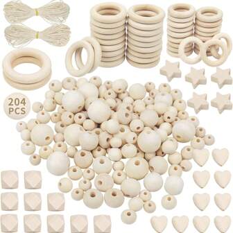 Wooden Beads Wooden Rings Set Of 204 Wooden Beads For Threading Natural, Wooden Balls With Hole And Wooden Rings For Crafts DIY Macrame, Round Wooden Beads For Jewellery Accessories