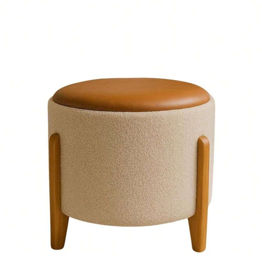 Round Decorative Star Pouf With Solid Wood Feet In Various Colors - Beige/Caramel - View 1