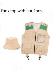 2 pièces Gilet multifonctionnel pour enfants de 3 à 8 ans avec chapeau, style multicolore, tissu respirant et séchage rapide, poches multiples (facile à ranger), avec crochets (facile à accrocher divers outils), convient aux passionnés de sports pour enfants, aventures en plein air, activités scolaires