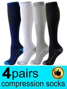 4 paires de chaussettes de compression pour le football pour hommes et femmes, chaussettes de sport respirantes et douces montant jusqu'aux genoux pour le cyclisme, la course, la gym, l'entraînement, les voyages, l'automne - Multicolore - Voir 5