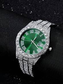 1 件男士钢带全钻日历水钻时尚石英表 - 綠色 - 查看 1