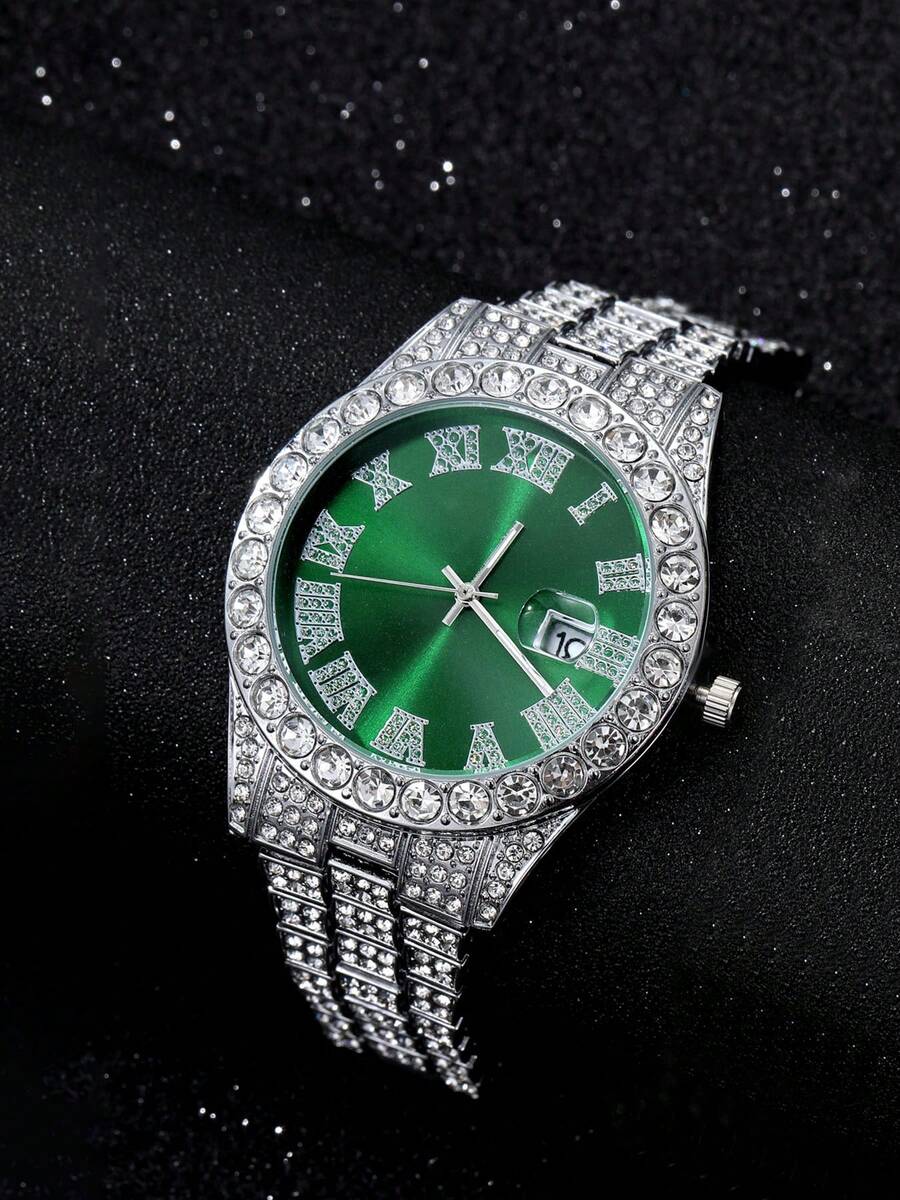 1 件男士钢带全钻日历水钻时尚石英表 - 綠色 - 查看 1