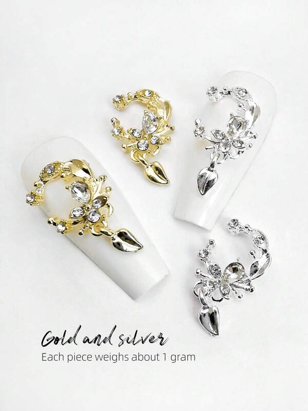 10pcs Rhinestone Heart Shaped Nail Art Decorations, Gold & Silver Half Circle Nail Jewelry Suitable For Girls And Women