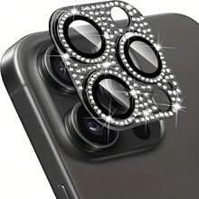 1 Set Glitter Shiny Diamond Metal Ring Tempered Glass Back Camera Screen Protector Lens Cover Compatible With IPhone - Black - View 7