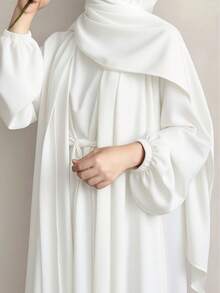 2pcs Women Simple Solid Color Cardigan Robe And Long Dress Set, Excluding Headscarf Spring White - White - View 2