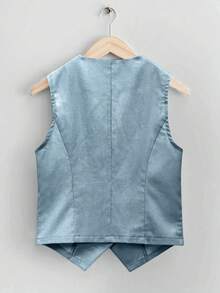 女士休闲亚麻短款西装背心，适合春夏季度假 - 淺藍色 - 查看 2