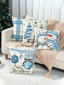 4 pièces Taie d'oreiller en lin de Noël, Housse de coussin Joyeux Noël avec sapin de Noël, bonhomme de neige, boule de Noël et motif à carreaux, Housse de coussin 45*45cm (Hors rembourrage), Décorations de Noël, Décoration de fête de Noël