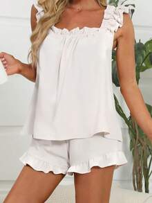 Women's Summer Lounge Set Ruffle Shoulder Strap Tank Tops Drawstring Shorts Sleepwear Sets Bridal Pajama Set For Women - White - View 3