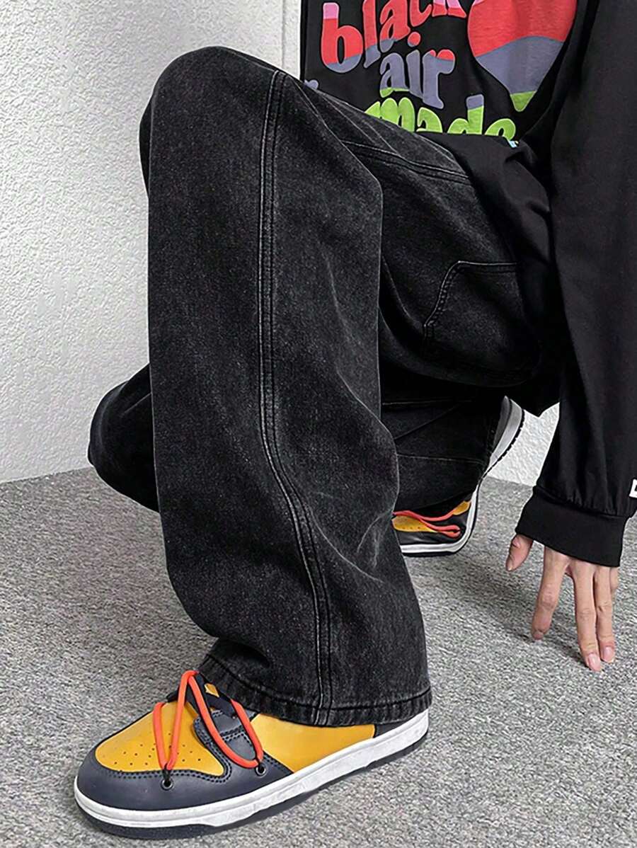 男士高级简约百搭直筒水洗牛仔裤，抽绳松紧腰休闲裤，四季皆宜 - 深灰色 - 查看 1